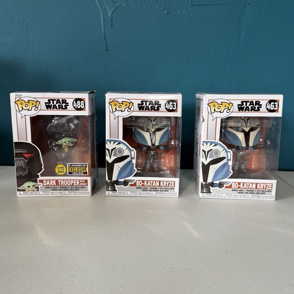 Funko Pop Star Wars Bo-Katan Kryze 463 and Dark Trooper w/ Grogu 488 Lot‎ of 3